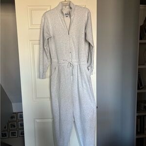 American Eagle Outfitters Light Gray Zip-Front Jumpsuit